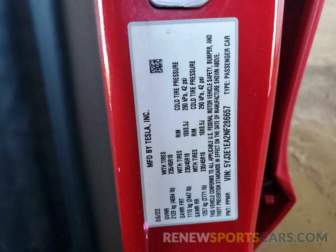 13 Фотография поврежденного автомобиля 5YJ3E1EA2NF286657 TESLA MODEL 3 2022