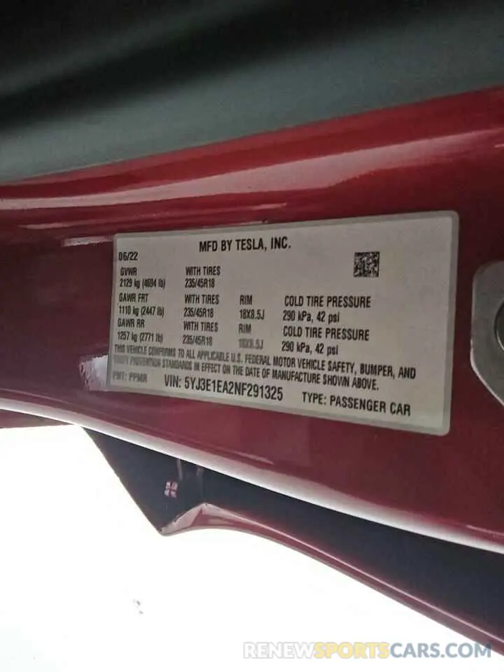 12 Photograph of a damaged car 5YJ3E1EA2NF291325 TESLA MODEL 3 2022