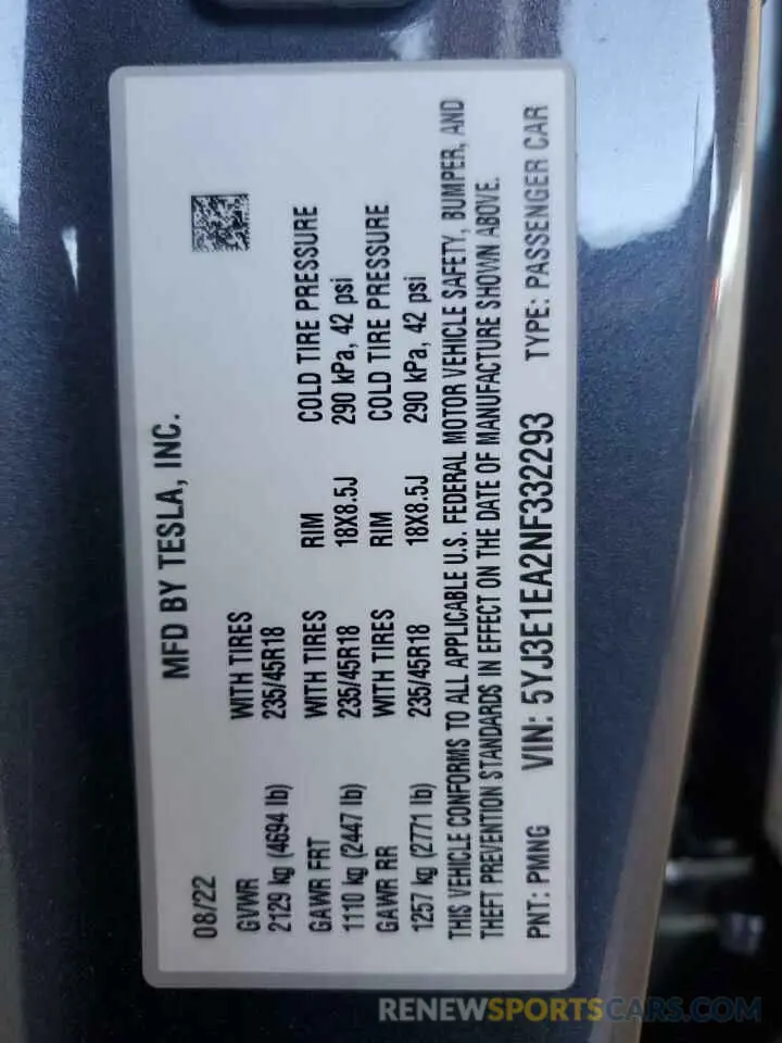 12 Photograph of a damaged car 5YJ3E1EA2NF332293 TESLA MODEL 3 2022