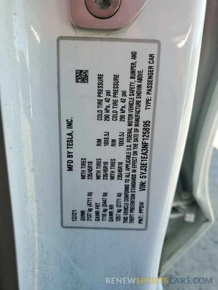 15 Фотография поврежденного автомобиля 5YJ3E1EA3NF125895 TESLA MODEL 3 2022
