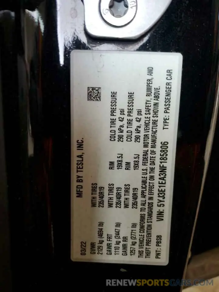 14 Photograph of a damaged car 5YJ3E1EA3NF185806 TESLA MODEL 3 2022