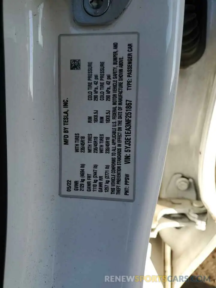 13 Photograph of a damaged car 5YJ3E1EA3NF251867 TESLA MODEL 3 2022