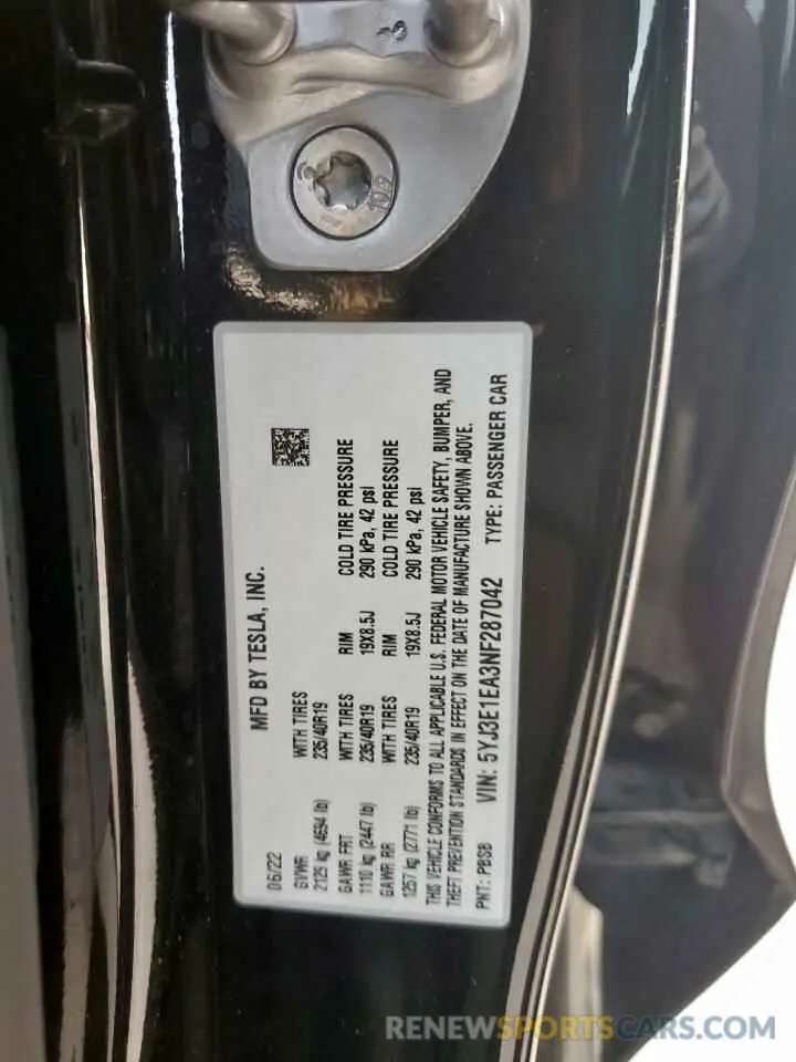 12 Фотография поврежденного автомобиля 5YJ3E1EA3NF287042 TESLA MODEL 3 2022