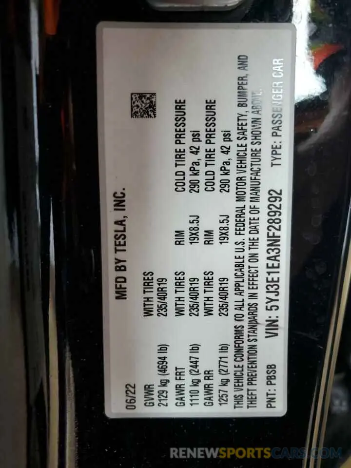 12 Photograph of a damaged car 5YJ3E1EA3NF289292 TESLA MODEL 3 2022
