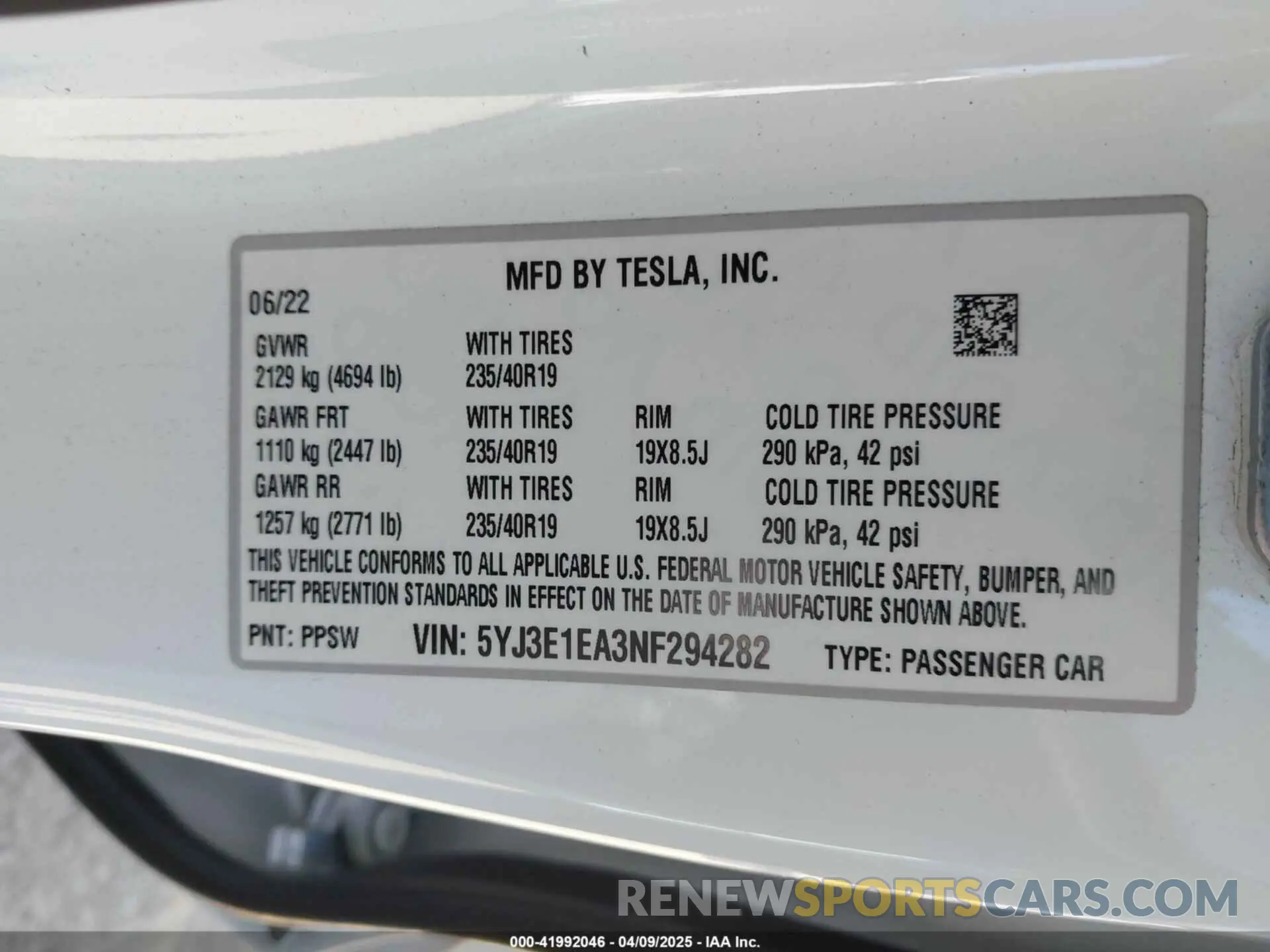 9 Фотография поврежденного автомобиля 5YJ3E1EA3NF294282 TESLA MODEL 3 2022