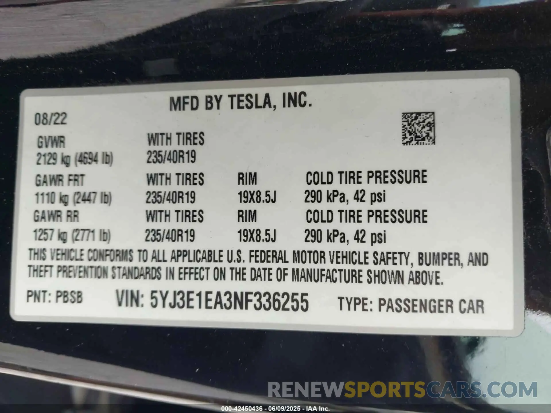 9 Фотография поврежденного автомобиля 5YJ3E1EA3NF336255 TESLA MODEL 3 2022