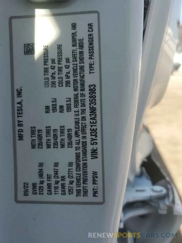 12 Photograph of a damaged car 5YJ3E1EA3NF358983 TESLA MODEL 3 2022