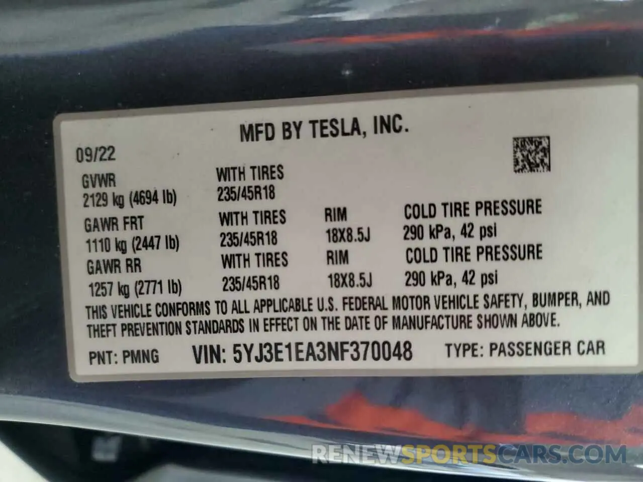13 Photograph of a damaged car 5YJ3E1EA3NF370048 TESLA MODEL 3 2022