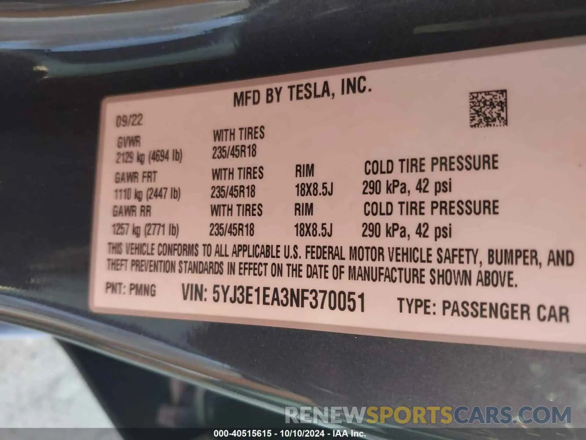 9 Фотография поврежденного автомобиля 5YJ3E1EA3NF370051 TESLA MODEL 3 2022