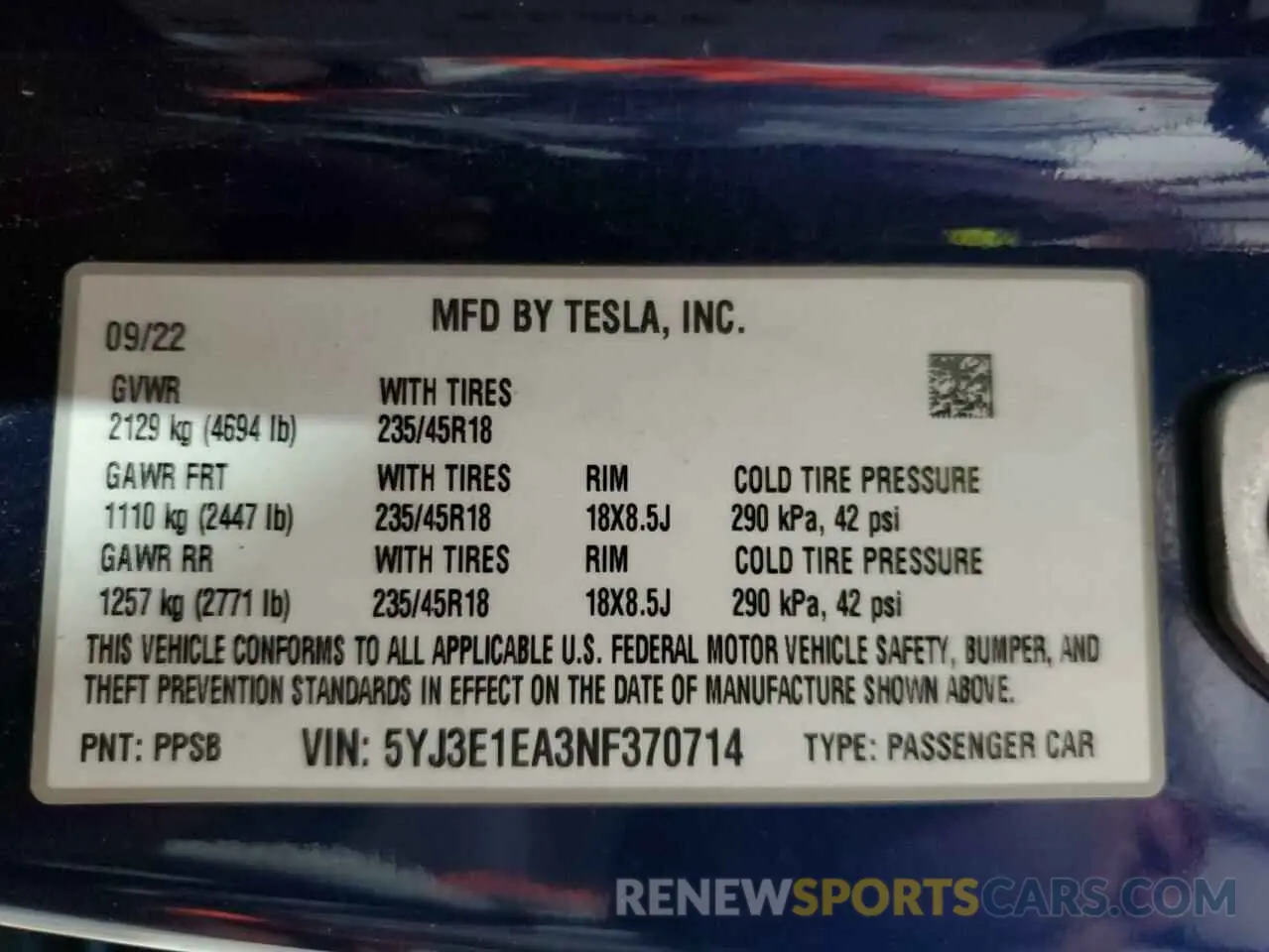 13 Фотография поврежденного автомобиля 5YJ3E1EA3NF370714 TESLA MODEL 3 2022