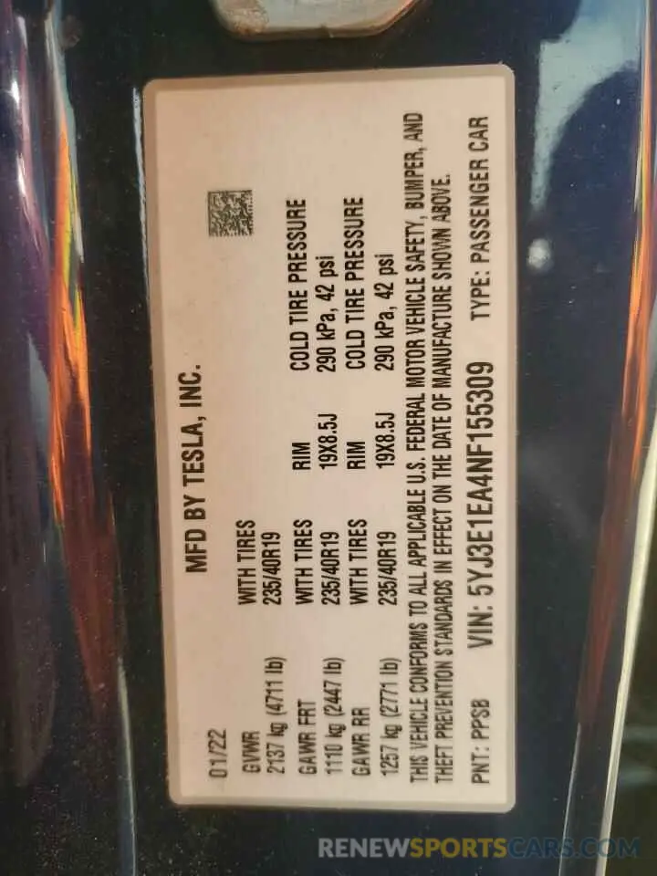 12 Photograph of a damaged car 5YJ3E1EA4NF155309 TESLA MODEL 3 2022