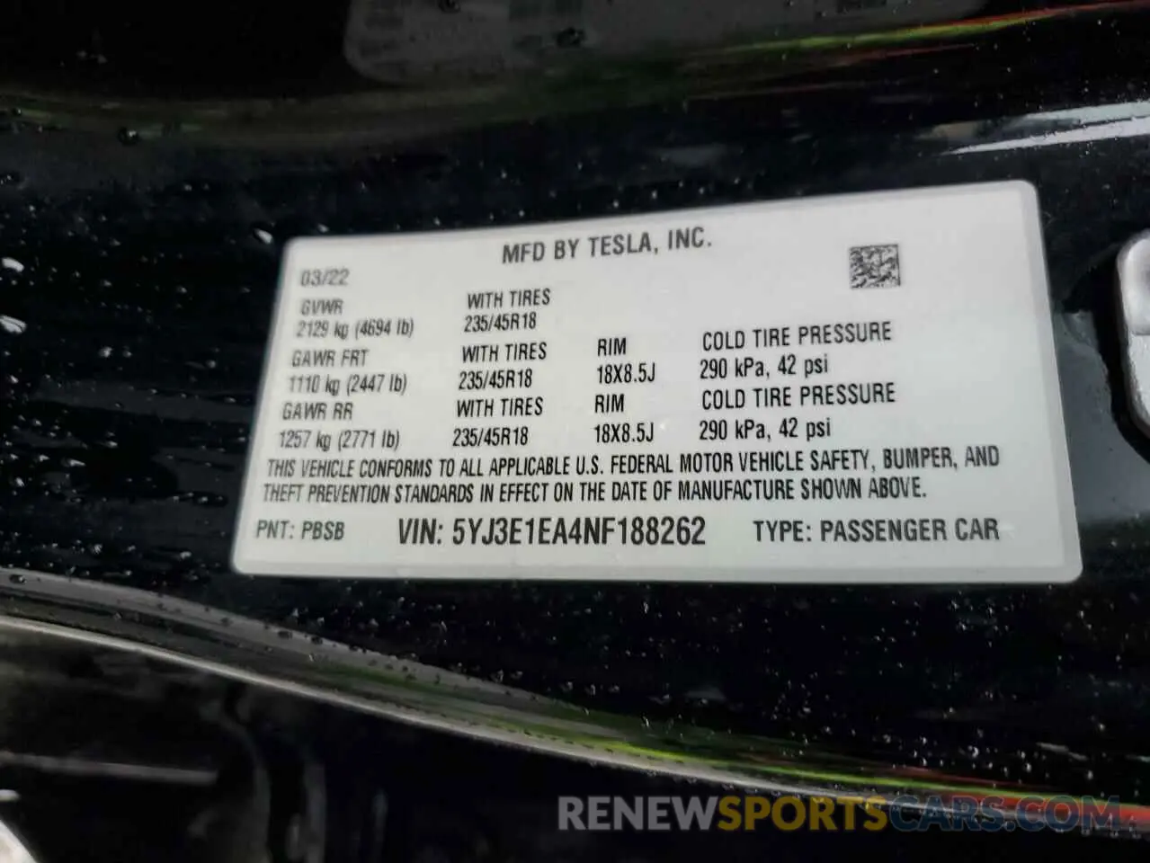 12 Photograph of a damaged car 5YJ3E1EA4NF188262 TESLA MODEL 3 2022
