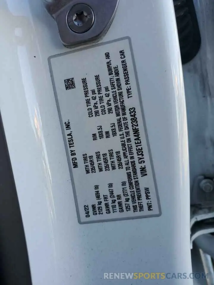 13 Photograph of a damaged car 5YJ3E1EA4NF238433 TESLA MODEL 3 2022