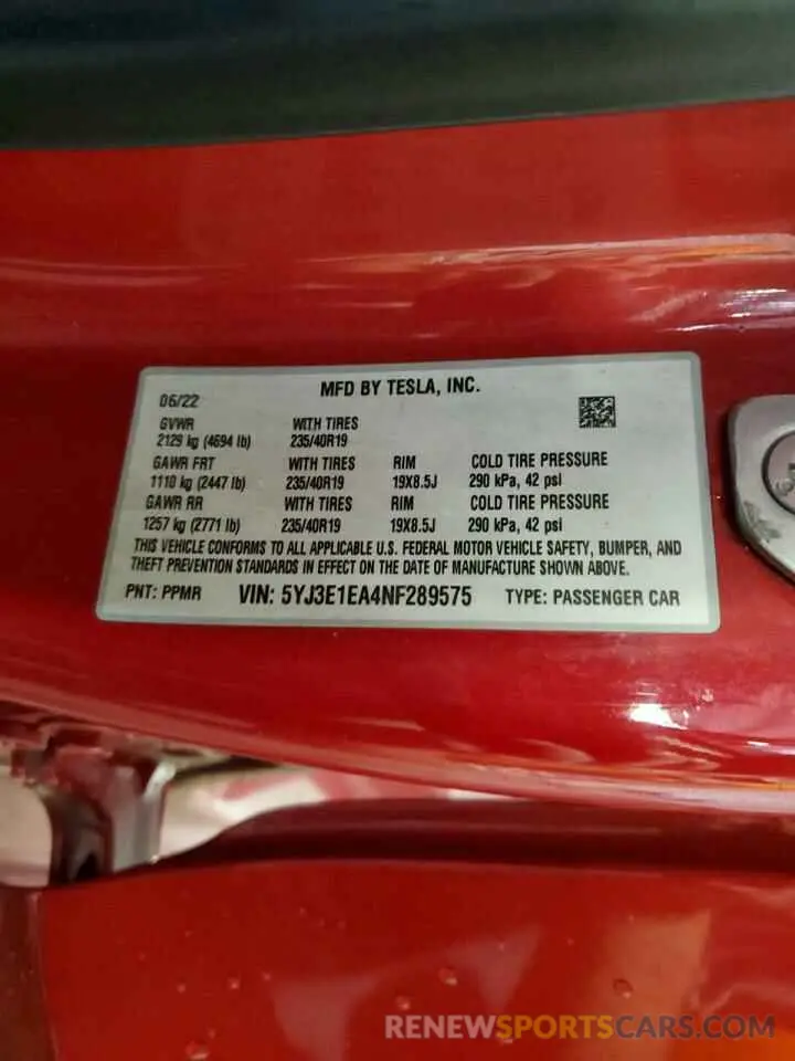 13 Фотография поврежденного автомобиля 5YJ3E1EA4NF289575 TESLA MODEL 3 2022