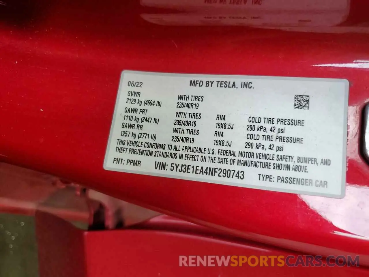 12 Фотография поврежденного автомобиля 5YJ3E1EA4NF290743 TESLA MODEL 3 2022