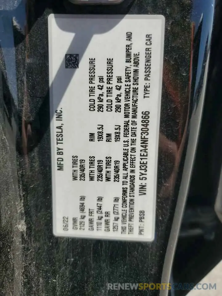 12 Фотография поврежденного автомобиля 5YJ3E1EA4NF304866 TESLA MODEL 3 2022