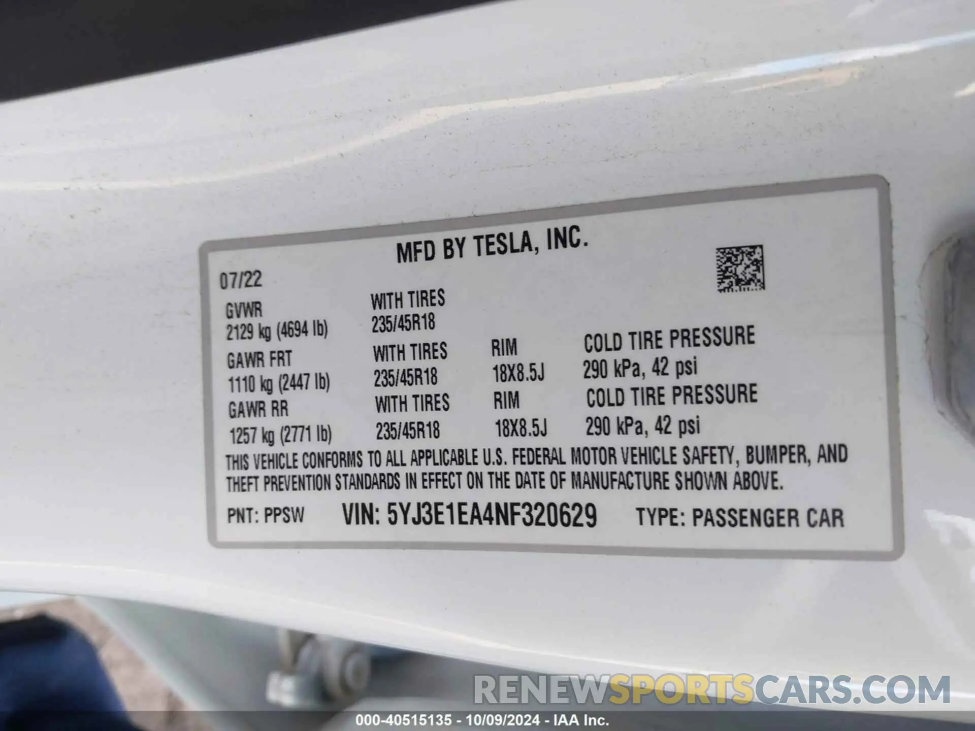 9 Фотография поврежденного автомобиля 5YJ3E1EA4NF320629 TESLA MODEL 3 2022