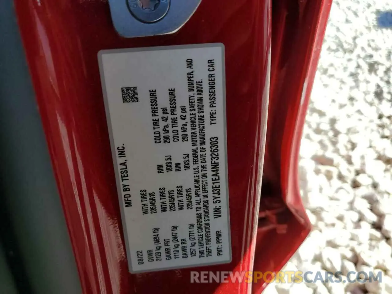15 Photograph of a damaged car 5YJ3E1EA4NF326303 TESLA MODEL 3 2022