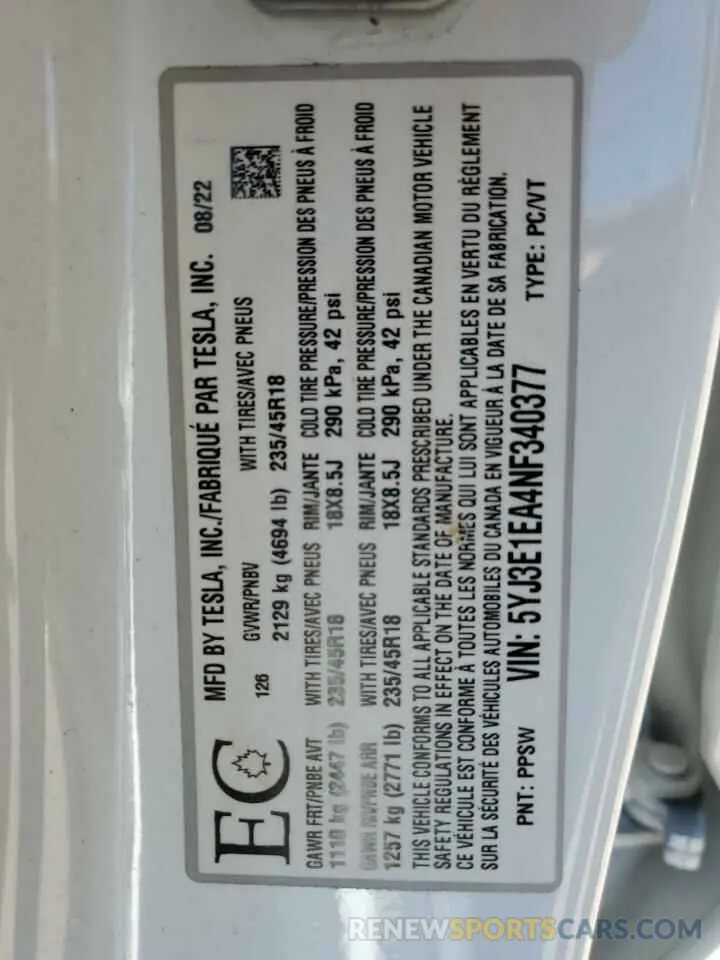 12 Photograph of a damaged car 5YJ3E1EA4NF340377 TESLA MODEL 3 2022