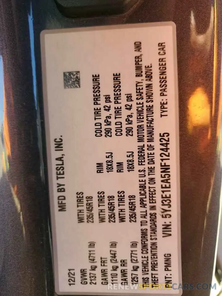 14 Photograph of a damaged car 5YJ3E1EA5NF124425 TESLA MODEL 3 2022
