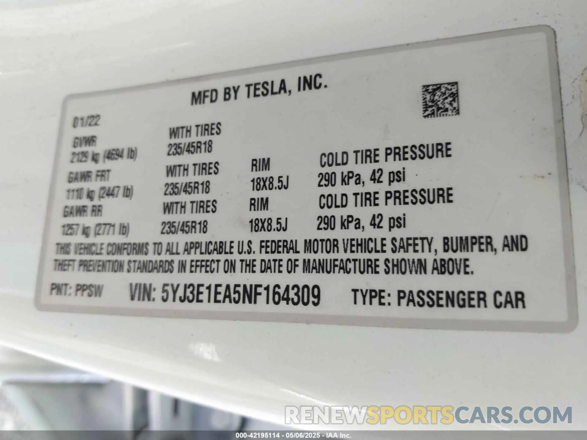 9 Фотография поврежденного автомобиля 5YJ3E1EA5NF164309 TESLA MODEL 3 2022