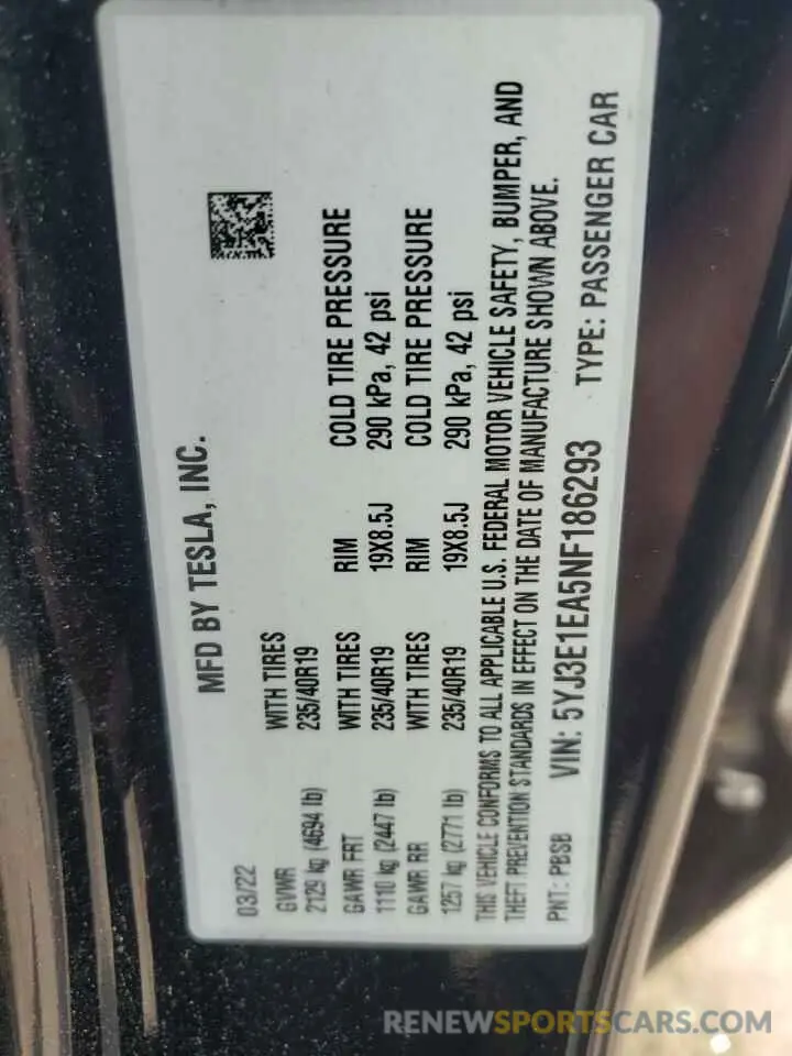 12 Photograph of a damaged car 5YJ3E1EA5NF186293 TESLA MODEL 3 2022