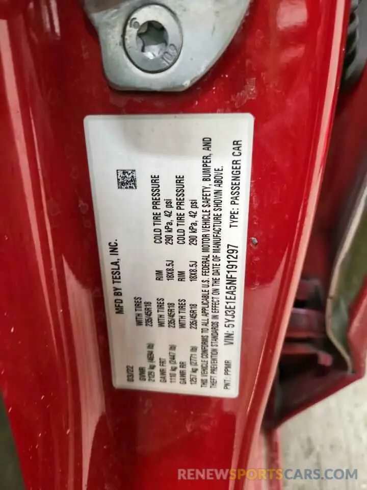 14 Photograph of a damaged car 5YJ3E1EA5NF191297 TESLA MODEL 3 2022