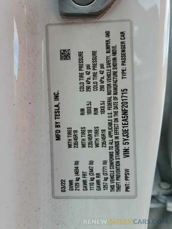 15 Photograph of a damaged car 5YJ3E1EA5NF201715 TESLA MODEL 3 2022
