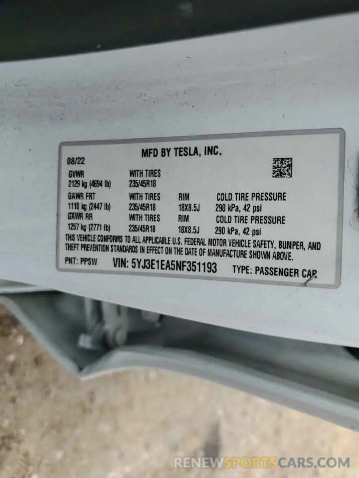 13 Фотография поврежденного автомобиля 5YJ3E1EA5NF351193 TESLA MODEL 3 2022