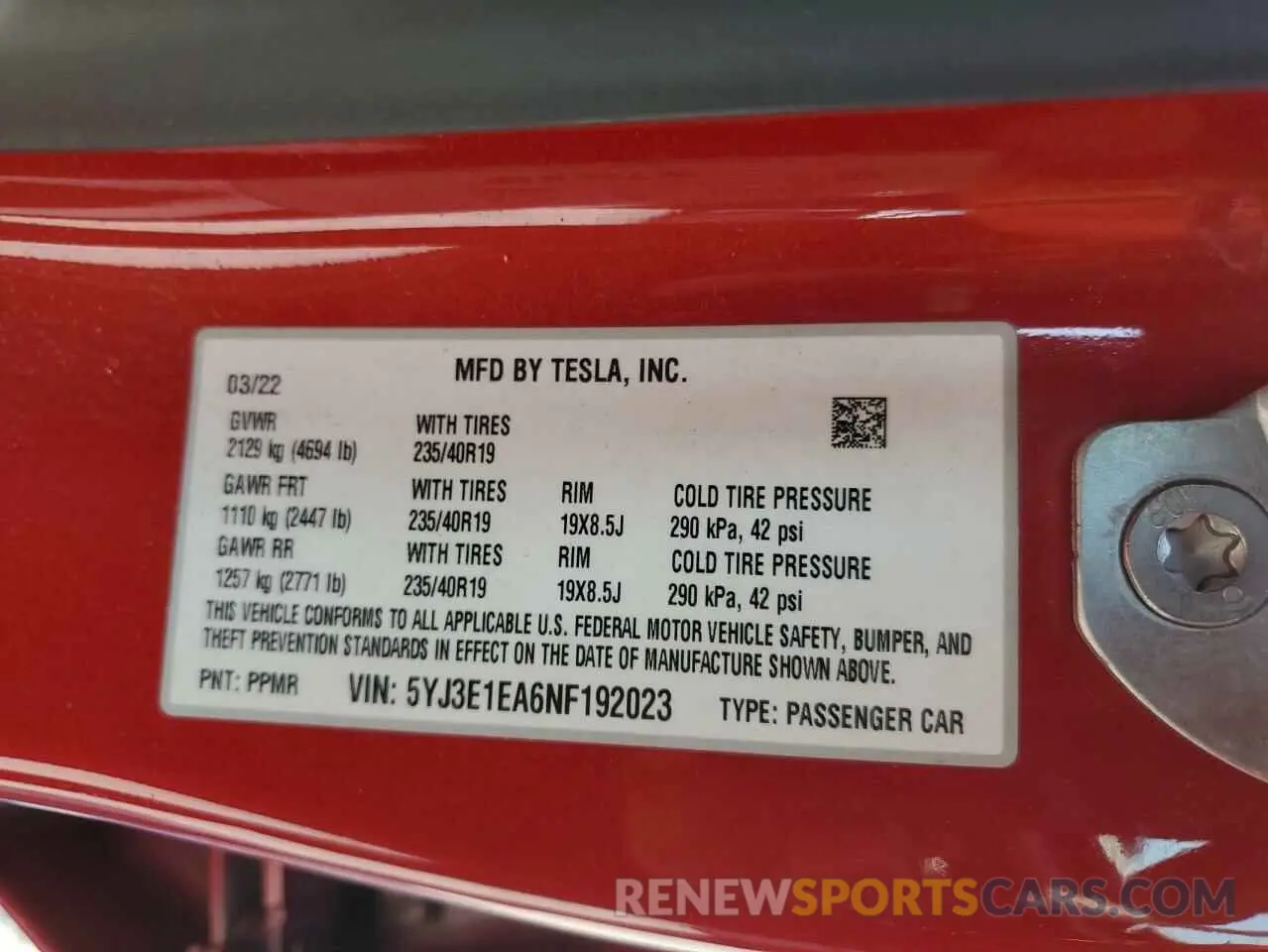 12 Фотография поврежденного автомобиля 5YJ3E1EA6NF192023 TESLA MODEL 3 2022