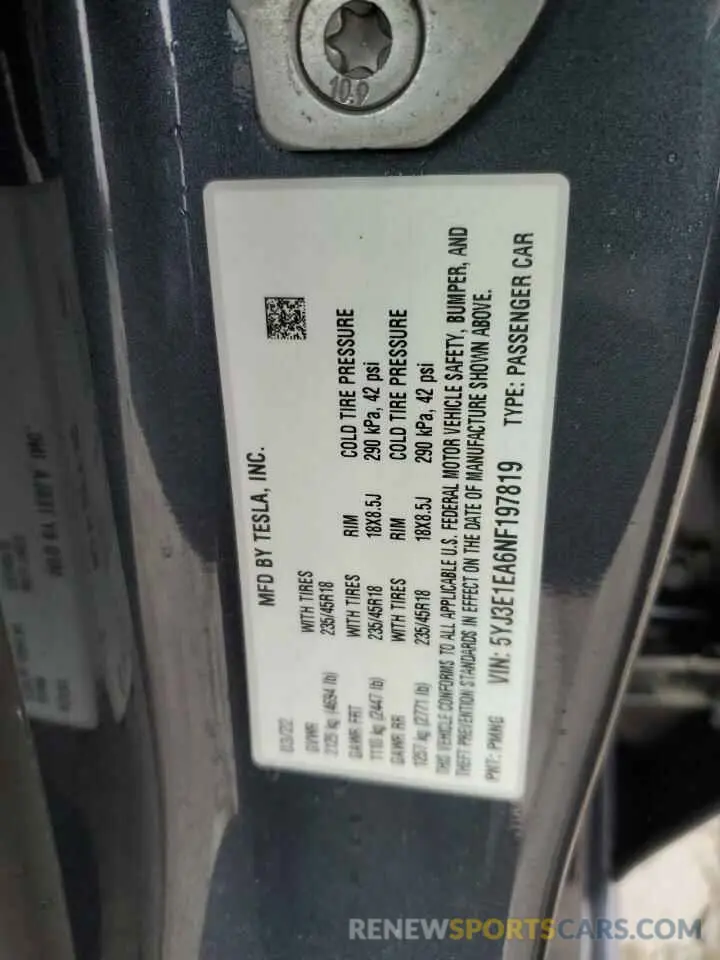 12 Photograph of a damaged car 5YJ3E1EA6NF197819 TESLA MODEL 3 2022