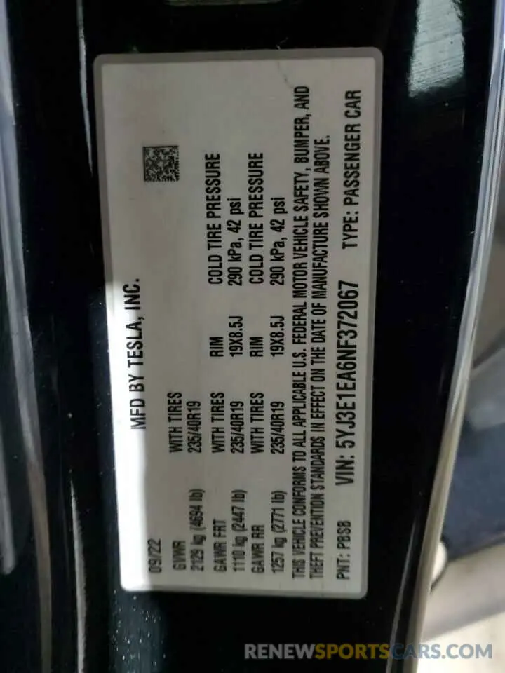 13 Фотография поврежденного автомобиля 5YJ3E1EA6NF372067 TESLA MODEL 3 2022