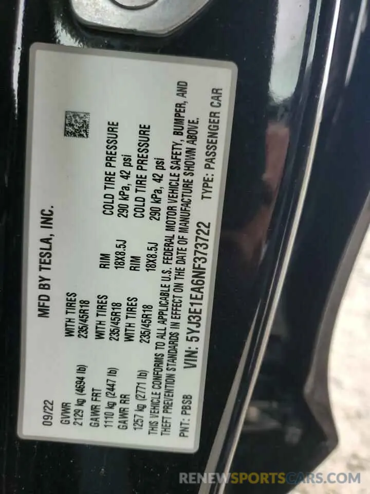 16 Photograph of a damaged car 5YJ3E1EA6NF373722 TESLA MODEL 3 2022