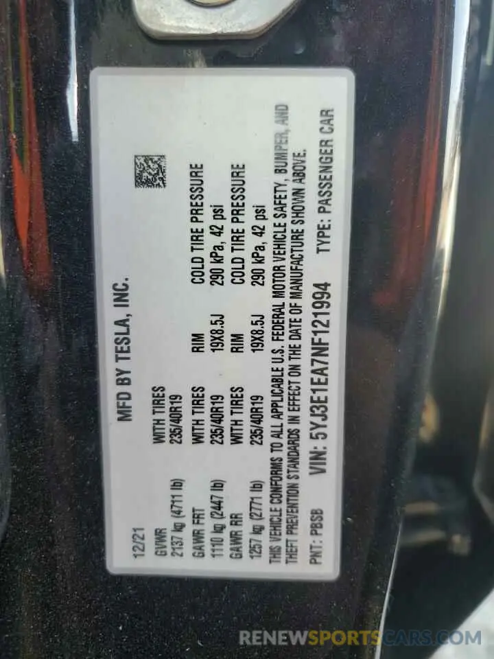12 Photograph of a damaged car 5YJ3E1EA7NF121994 TESLA MODEL 3 2022