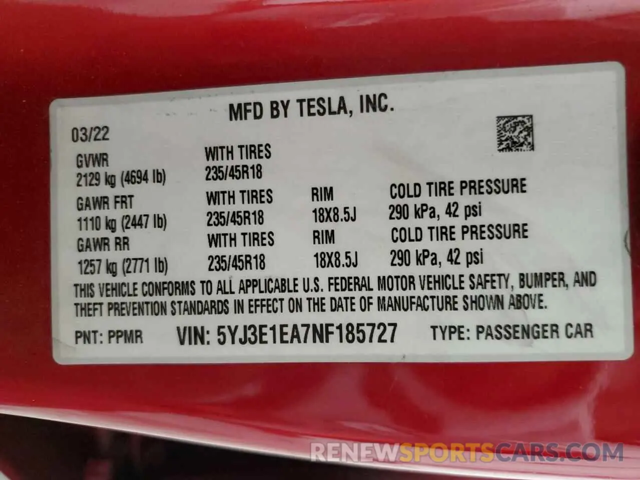 12 Photograph of a damaged car 5YJ3E1EA7NF185727 TESLA MODEL 3 2022