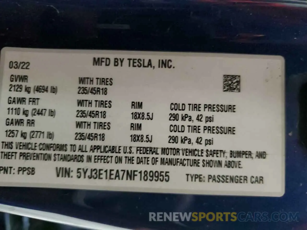 12 Фотография поврежденного автомобиля 5YJ3E1EA7NF189955 TESLA MODEL 3 2022