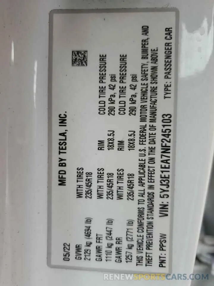 13 Photograph of a damaged car 5YJ3E1EA7NF245103 TESLA MODEL 3 2022