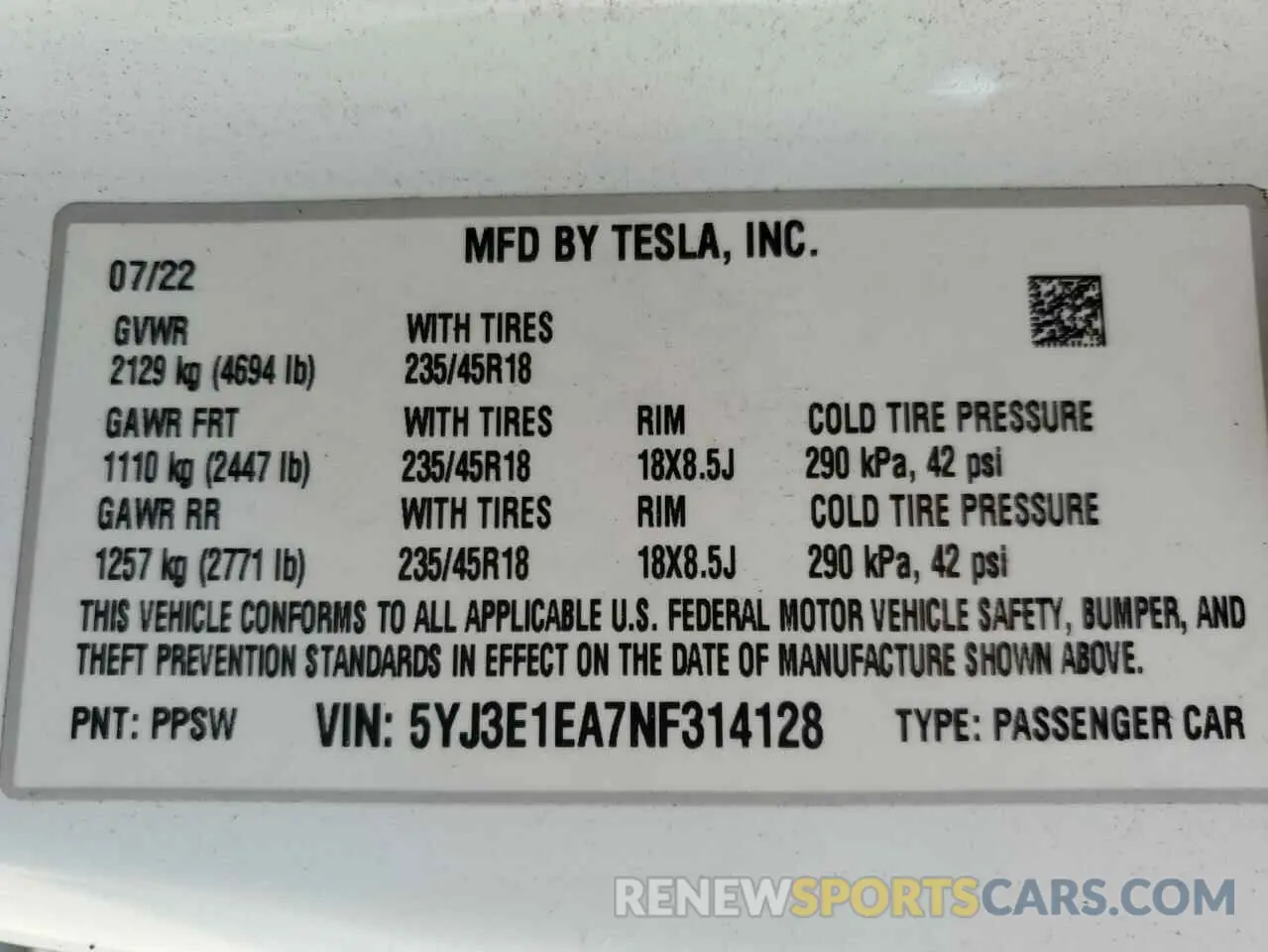 12 Фотография поврежденного автомобиля 5YJ3E1EA7NF314128 TESLA MODEL 3 2022