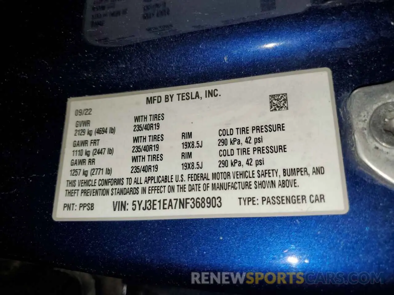 13 Photograph of a damaged car 5YJ3E1EA7NF368903 TESLA MODEL 3 2022