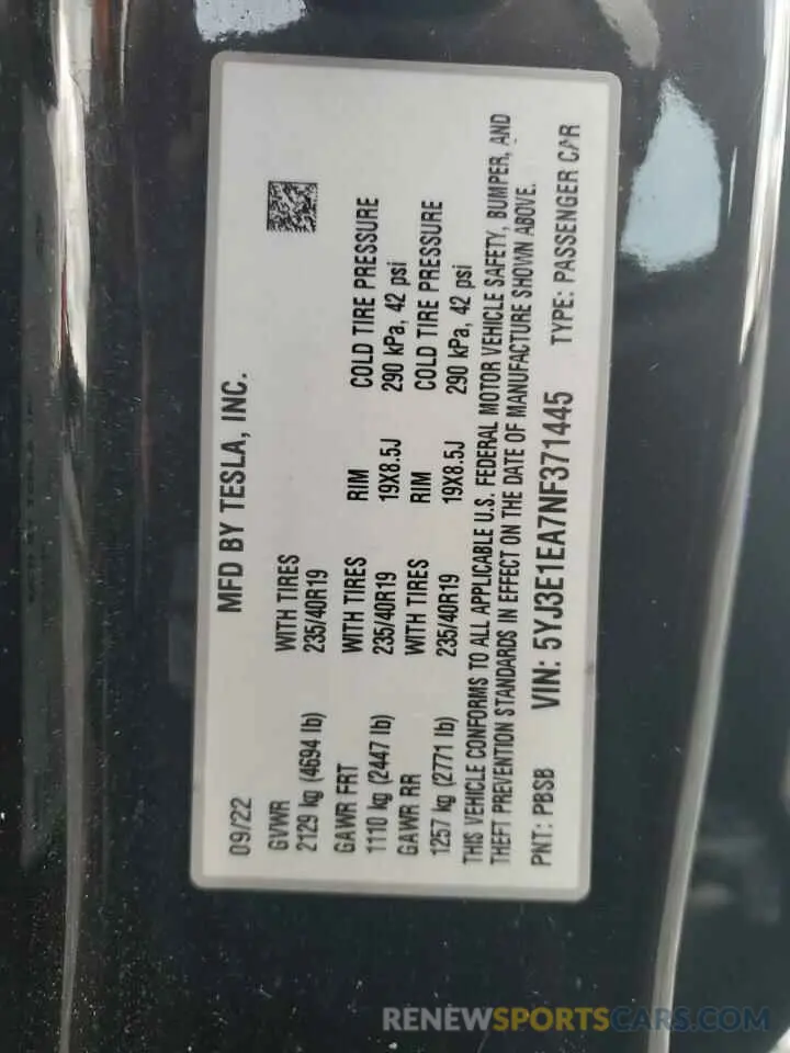 12 Photograph of a damaged car 5YJ3E1EA7NF371445 TESLA MODEL 3 2022