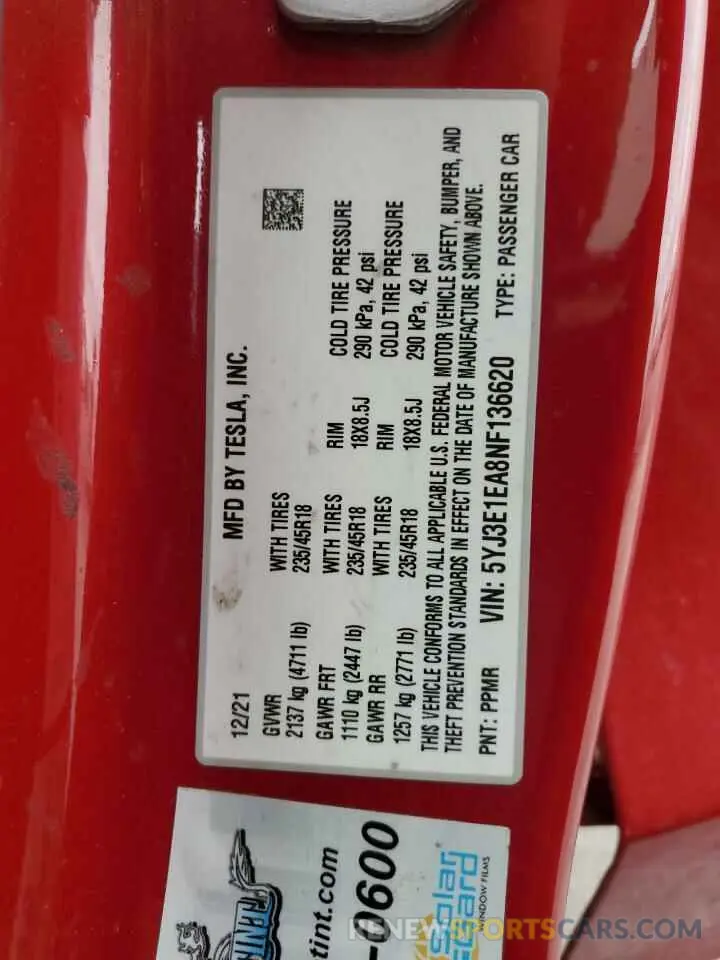 12 Photograph of a damaged car 5YJ3E1EA8NF136620 TESLA MODEL 3 2022