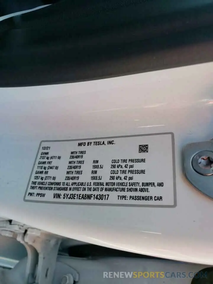10 Photograph of a damaged car 5YJ3E1EA8NF143017 TESLA MODEL 3 2022