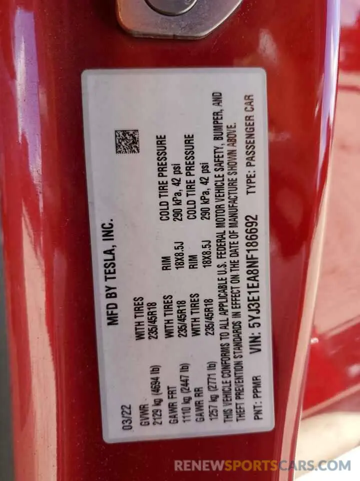 13 Photograph of a damaged car 5YJ3E1EA8NF186692 TESLA MODEL 3 2022