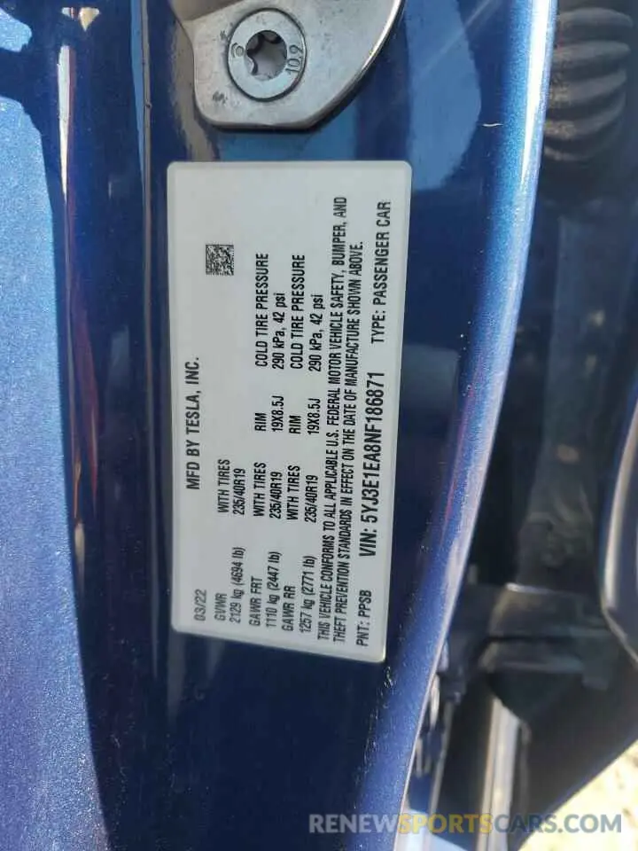 12 Photograph of a damaged car 5YJ3E1EA8NF186871 TESLA MODEL 3 2022