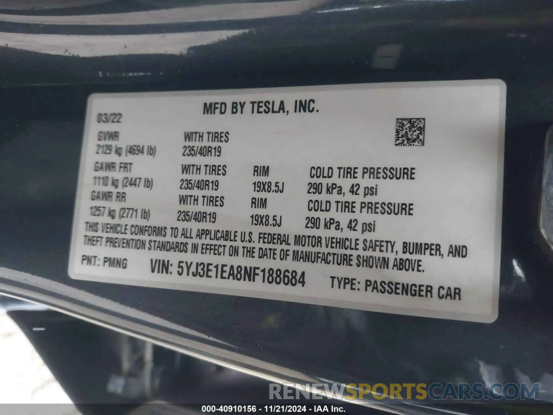 9 Фотография поврежденного автомобиля 5YJ3E1EA8NF188684 TESLA MODEL 3 2022