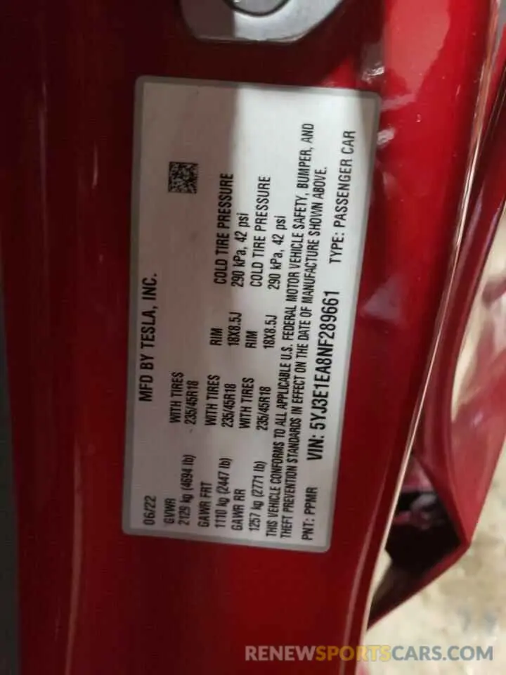 12 Photograph of a damaged car 5YJ3E1EA8NF289661 TESLA MODEL 3 2022