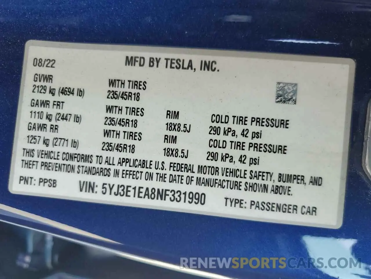 12 Photograph of a damaged car 5YJ3E1EA8NF331990 TESLA MODEL 3 2022