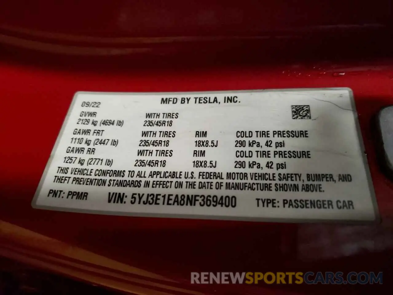 12 Фотография поврежденного автомобиля 5YJ3E1EA8NF369400 TESLA MODEL 3 2022