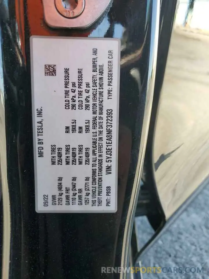 13 Photograph of a damaged car 5YJ3E1EA8NF372393 TESLA MODEL 3 2022