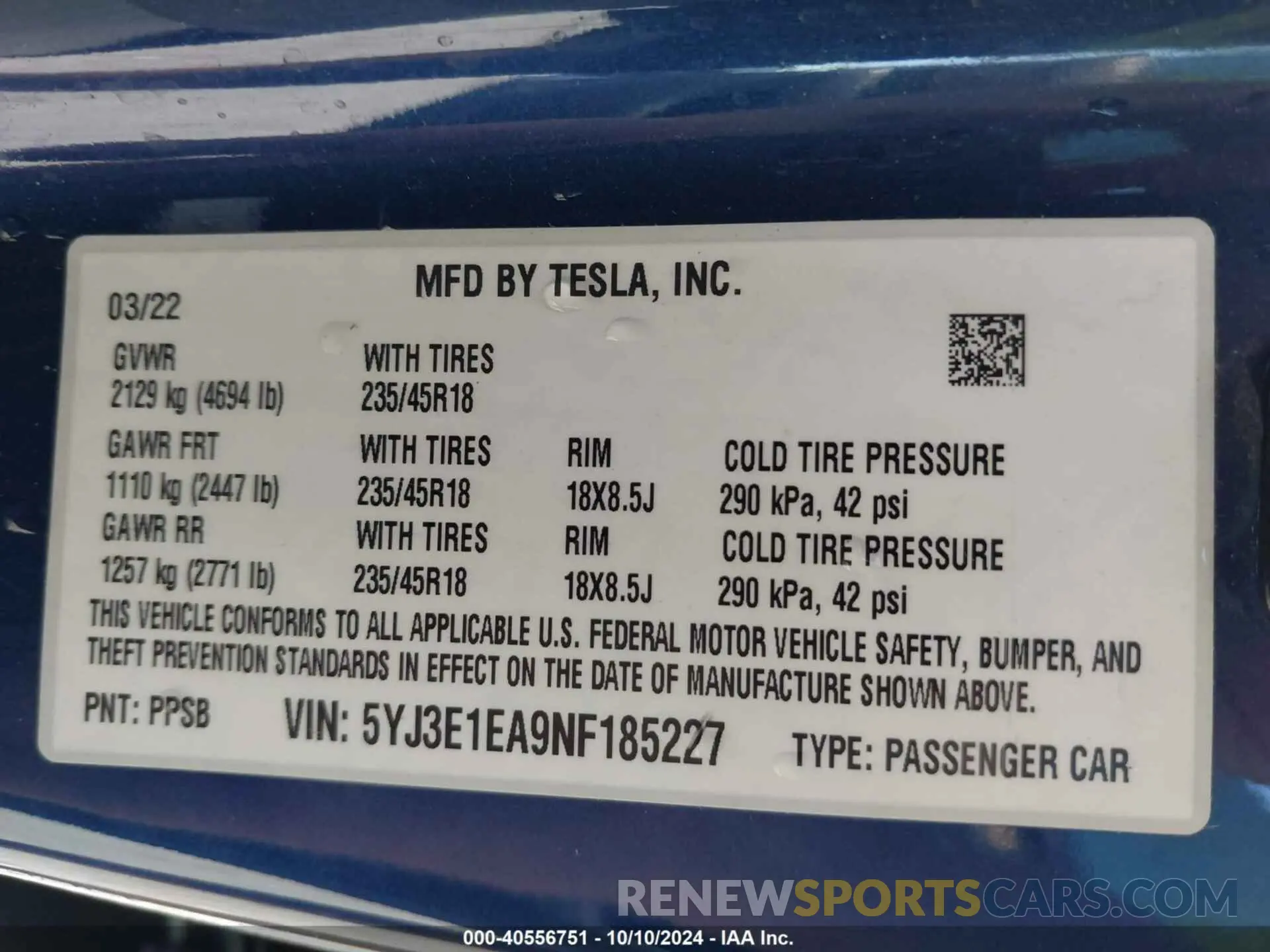 9 Фотография поврежденного автомобиля 5YJ3E1EA9NF185227 TESLA MODEL 3 2022